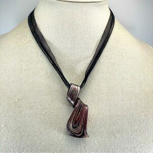 Cute Lamp work Purple Gold Twist Glass Pendant Ribbon Corded Necklace